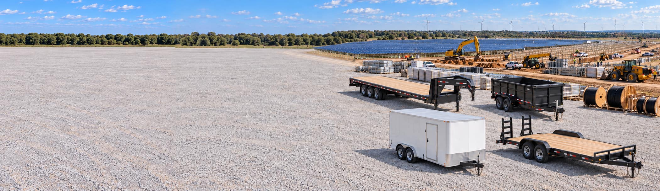 Four rental trailers parked on a gravel lot beside a construction site: a gooseneck flatbed, a dump trailer, a white enclosed trailer and an equipment trailer with ramps, with a solar farm under construction, excavators and wind turbines behind.
