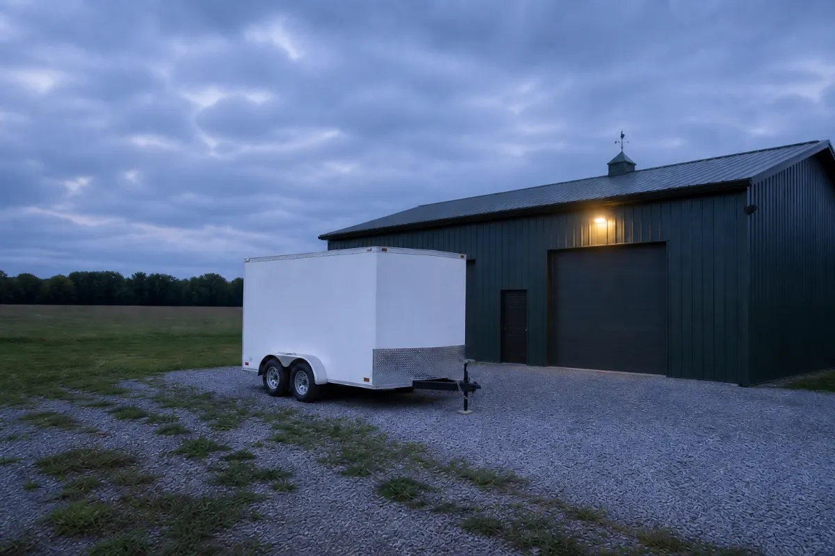 A clean enclosed cargo trailer parked beside its owner's shop at dusk.