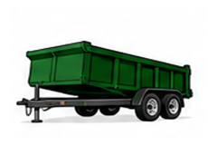 Illustration of a dump trailer with a tipping bed and tandem axles